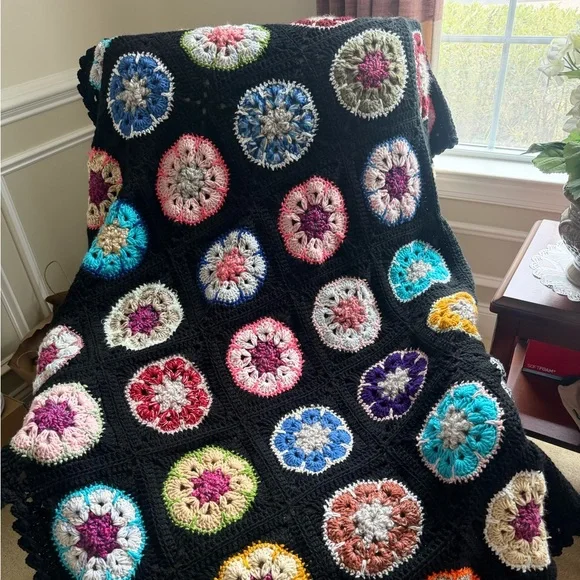Colorful Crochet Blanket with Black Base
